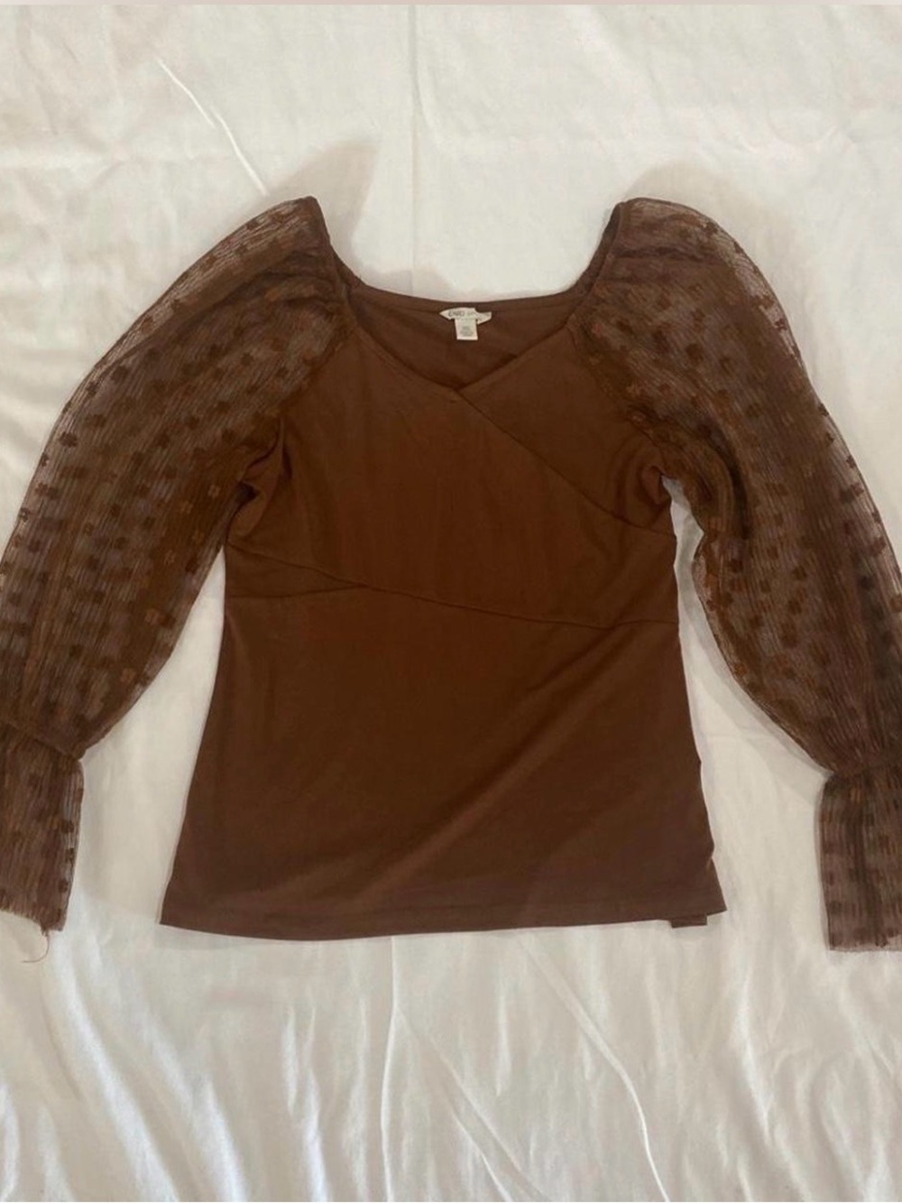 Cato Brown Sheer Puff-Sleeve Top